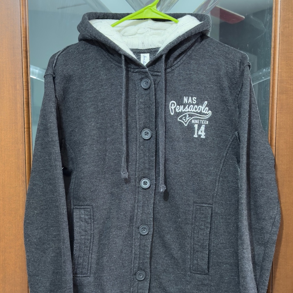 Gray Button-Up NAS Pensacola Hooded Jacket